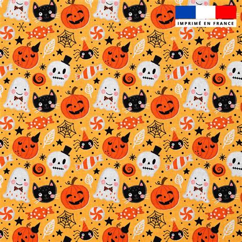 Popeline De Coton Peign Jaune Motif Happy Halloween Tissus Price