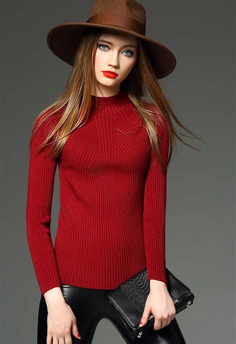 Women Sweaters And Pullovers Knitted Long Sleeve Hitz Head Red Womens