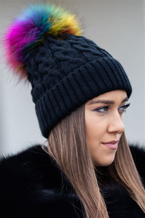 Black Wool Hat With Genuine Raccoon Fur Pom Pom Women Hats And