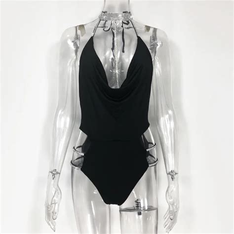 Womens Sexy Halter Backless Rhinestone Diamond Cut Out One Piece