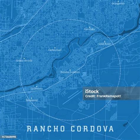 Rancho Cordova Ca City Vector Road Map Blue Text Stock Illustration