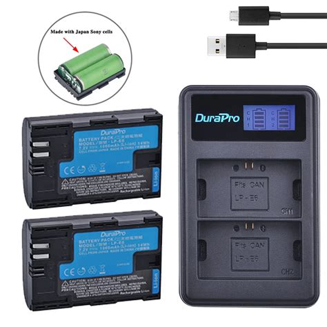 DuraPro Bater A De Iones De Litio De LP E6 Cargador Dual USB LCD Para