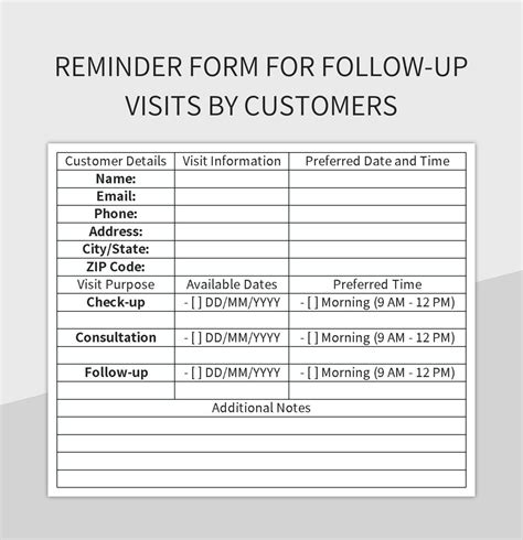 Reminder Form For Follow Up Visits By Customers Excel Template And