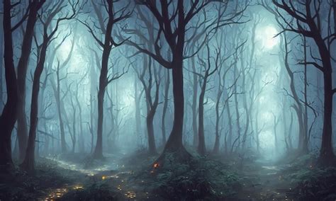 Premium Photo Dark Mystical Forest Scary Curved Trees Morning Fog In