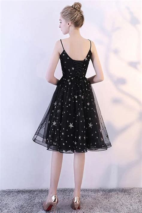 Black Spaghetti Straps V Neck Tulle Graduation Dress With Stars