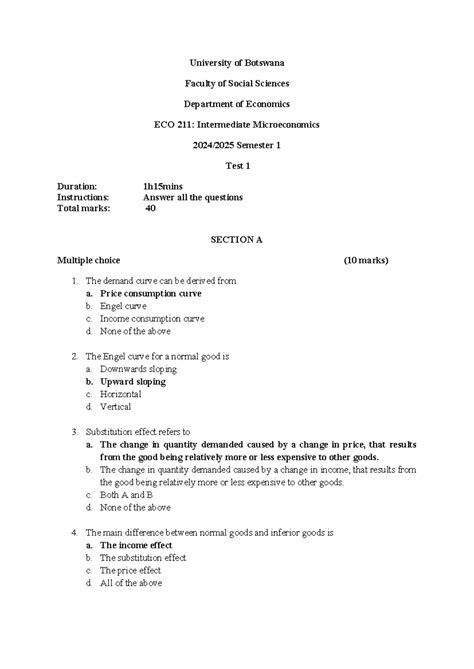 eco  intermediate microeconomics semester  test  marking key