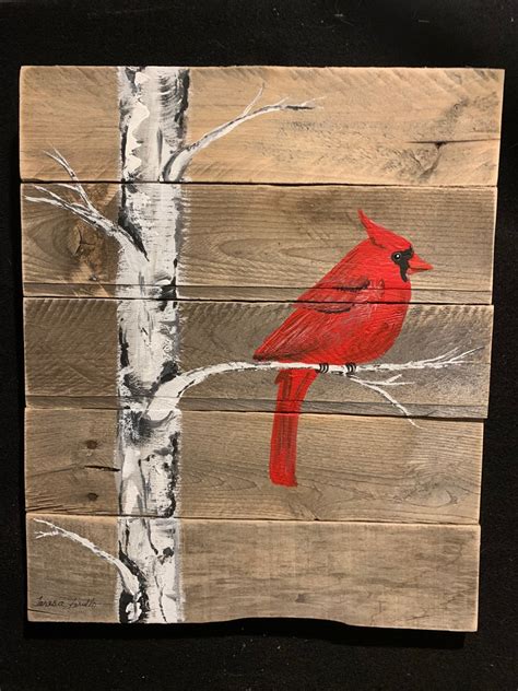 Wall Decor Cardinal On Birch Tree Pallet Wood Painting Etsy