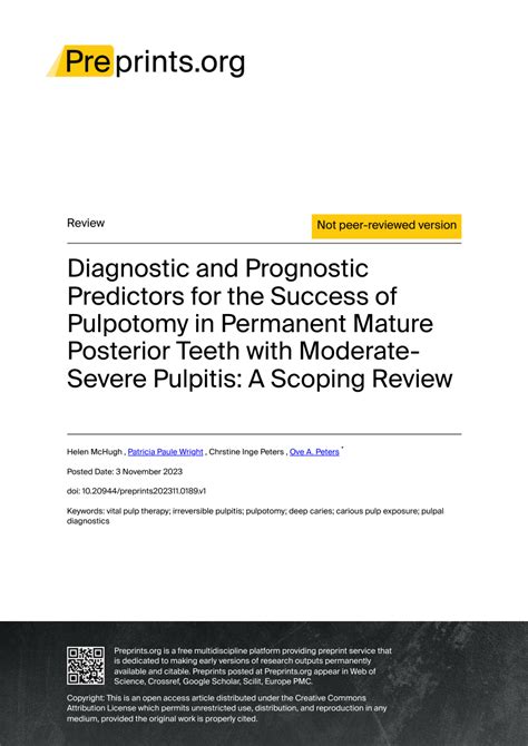 PDF Diagnostic And Prognostic Predictors For The Success Of Pulpotomy