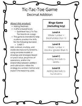 Tic Tac Toe Game Adding Decimals Differentiated Levels Tpt