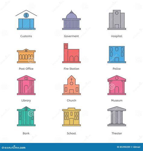 Government Building Icons Set Of Police Museum Library Theater Isolated