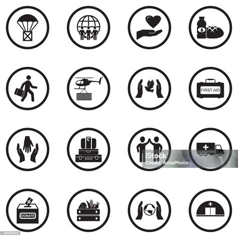 Humanitarian Aid Icons Black Flat Design In Circle Vector Illustration