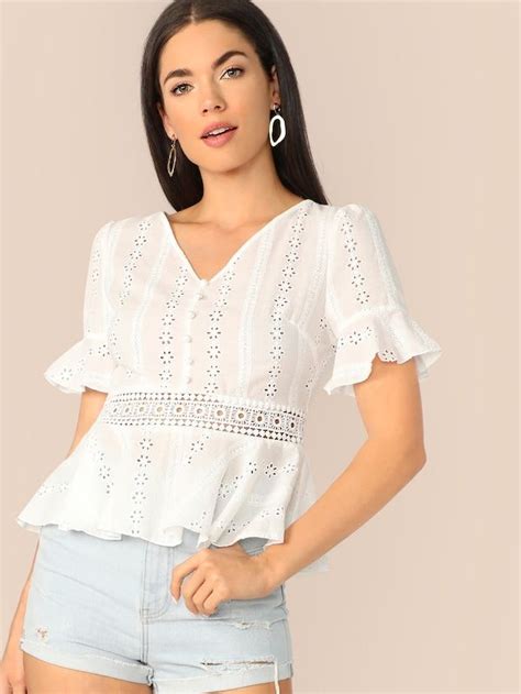 SHEIN Schiffy Eyelet Button Front Peplum Top Blouse Women White