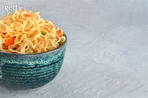 Instant Noodles With Carrot And Scallions Vegetable Soba Bowl Closeup