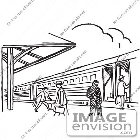 Clipart Of A Train Station In Black And White - Royalty Free Vector ...