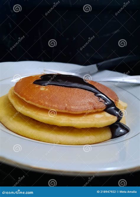 Soft Pancake With Chocolate Syrup Stock Photo Image Of Pancake