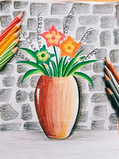 Flower pot | Flower painting, Pencil colour drawing flower, Plant drawing