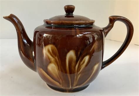 Vintage Brown Drip Glaze Ceramic Teapot With Cream Swirl Design