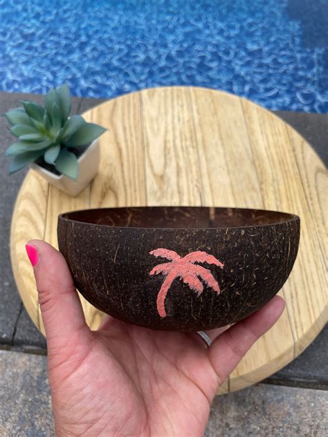 Palm Tree Coconut Bowl Hand Painted Coconut Bowl All Natural Coconut