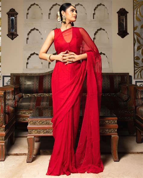 Red Mukaish Work Pure Chiffon Saree By Calmna The Secret Label