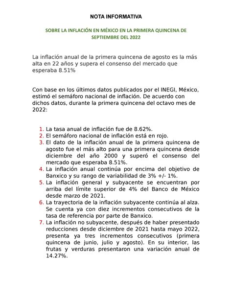 Sobre LA Inflación EN México EN LA Primera Quincena DE Septiembre DEL