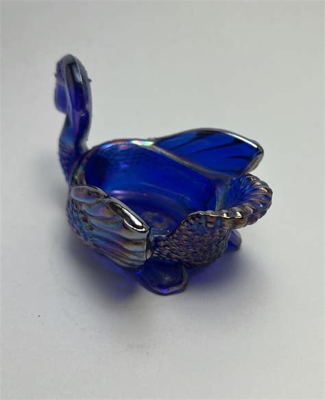 Vintage Cobalt Blue Iridescent Carnival Glass Swan Open Salt Cellar