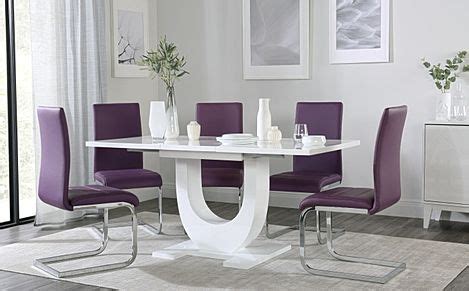 Oslo White High Gloss Extending Dining Table With 6 Perth Purple