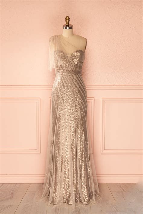 Champagne Long Sheath Evening Dresses One Shoulder Sequins Tulle Women