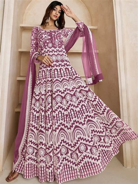 Floral Embroidered Fit And Flare Maxi Ethnic Dresses With Dupatta