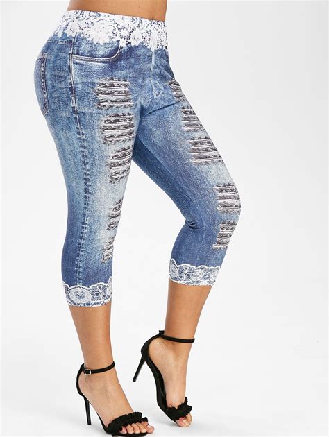 [26 Off] 2020 Plus Size 3d Lace Ripped Print Faux Denim Leggings In