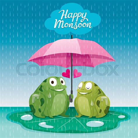 Couple Frogs Under Umbrella Together In The Rain They Happy Monsoon