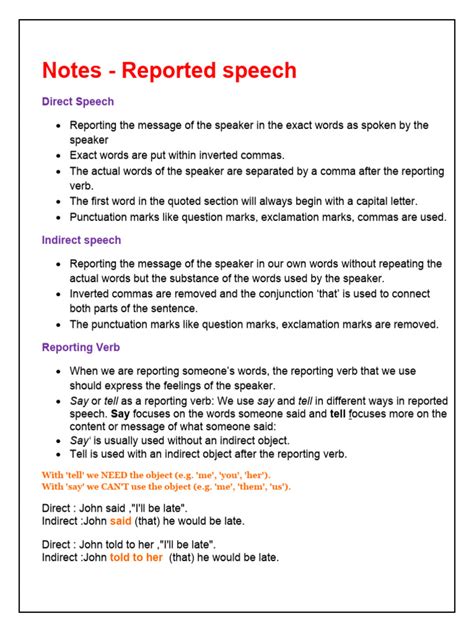 Notes Reported Speech Pdf Grammatical Tense Languages