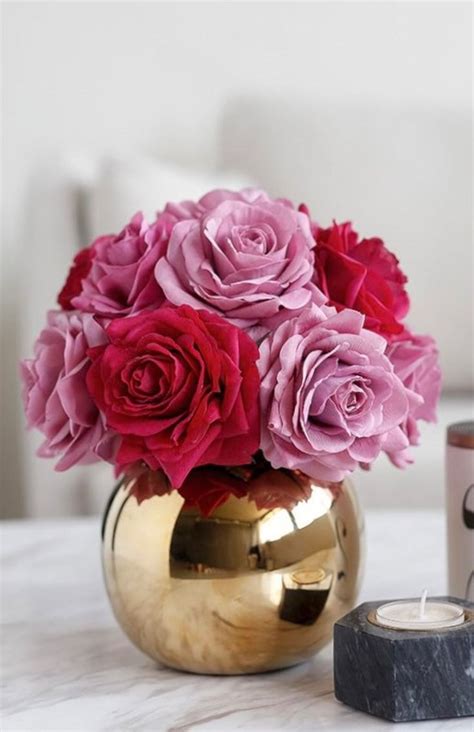 Red Silk Rose Gold Centerpiece Arrangement In Gold Vase Flower