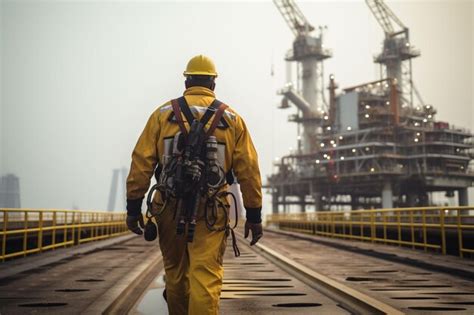 Premium Ai Image An Offshore Oil Rig Worker Walks To An Oil And Gas