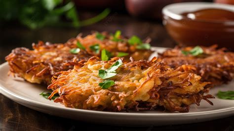 Fondo Plato De Hash Browns Con Una Salsa Encima Fondo Imagen De Latkes