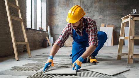 Premium Photo Construction Worker Tiler Is Tiling Ceramic Tile Floor