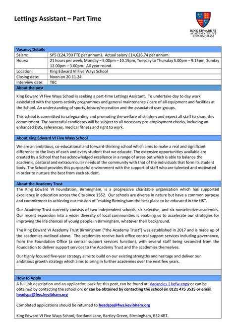 King Edward VI Five Ways Schoo - Lettings Assistant - Job Advert - Page