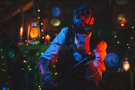 Cyberpunk Post Apocalypse Cosplay A Male Engineer In Glasses And A Gas