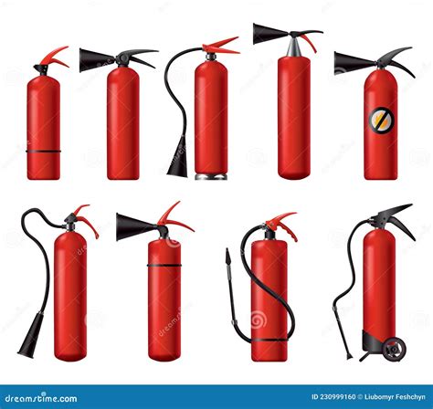 Red Fire Extinguishers Set Isolated Portable Fire Fighting Units Of Different Shape Stock