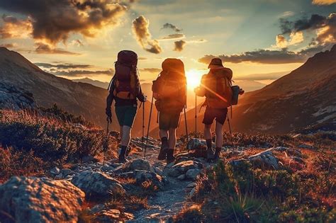 Hikers With Backpacks On The Trail In The Mountains At Sunset Premium