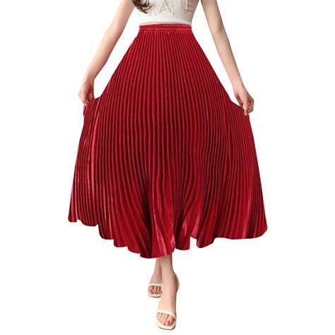 Xiuh Women Elastic Waist Pleated Solid Color Long Skirt High Waist Tiered Ruffle Skirt A Line