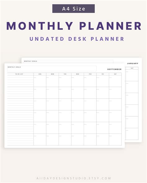 A4 Monthly Desk Planner Template, Undated Monthly Calendar Planner ...