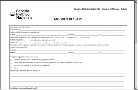 Modulo Reclamo Servizio Elettrico Nazionale