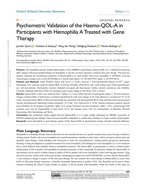 (PDF) Psychometric Validation of the Haemo-QOL-A in Participants with Hemophilia A Treated with ...