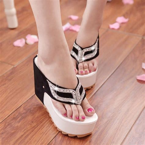 Woman Platform Flip Flops Rhinestone Wedge Heel Shoes Patchwork Summer