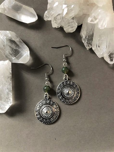 Green Boho Earrings Mandala Silver Earrings Bohemian Etsy