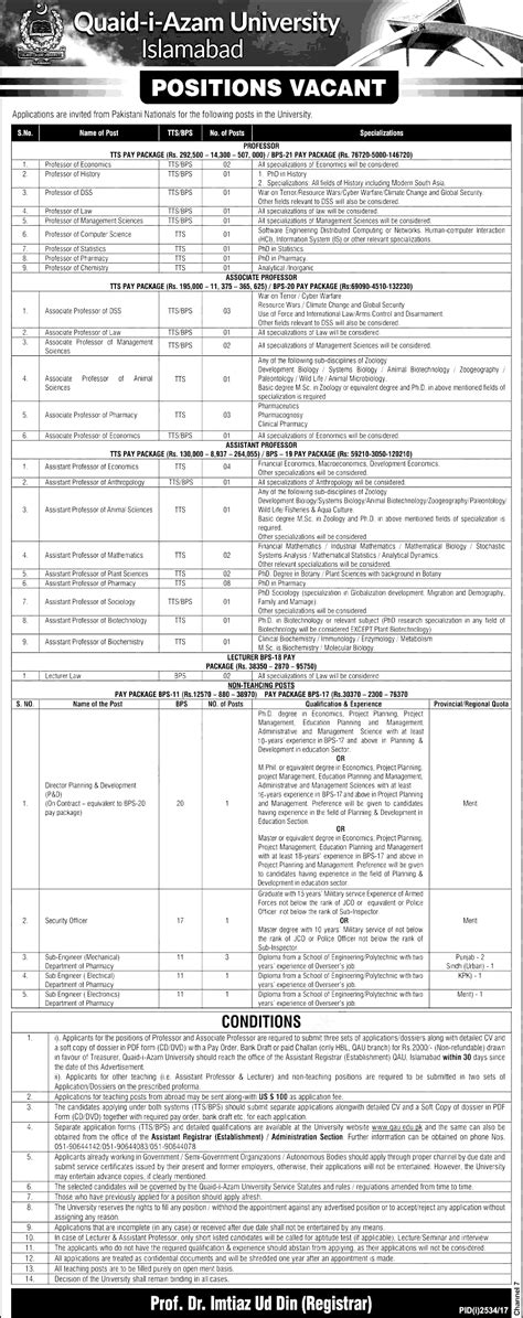 Quaid E Azam University Islamabad Jobs 2023 Application Form Terms And Conditions Teaching