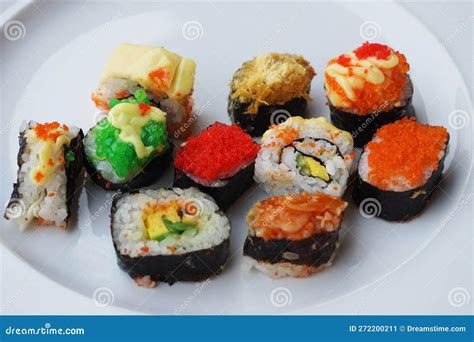 Colorful Homemade Sushi Rolls On White Plate Stock Image Image Of