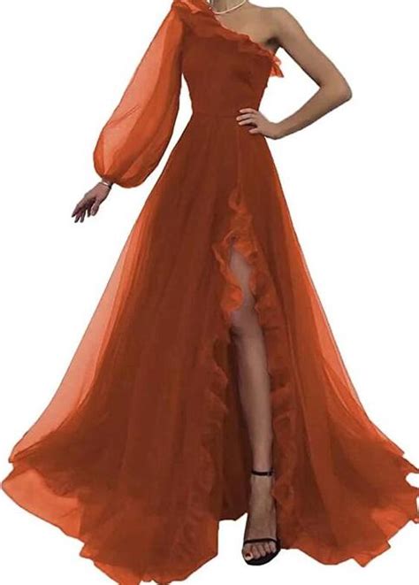 A Line One Shoulder Burnt Orange Tulle Prom Dress With Slit On Storenvy