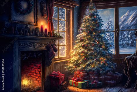 A Christmas scene in a room with a fireplace, a decorated Christmas ...