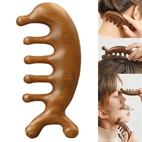 Vinchic Authentic Green Sandalwood Gua Sha Comb Scraping Scalp Massage Head Massager Five Tooth